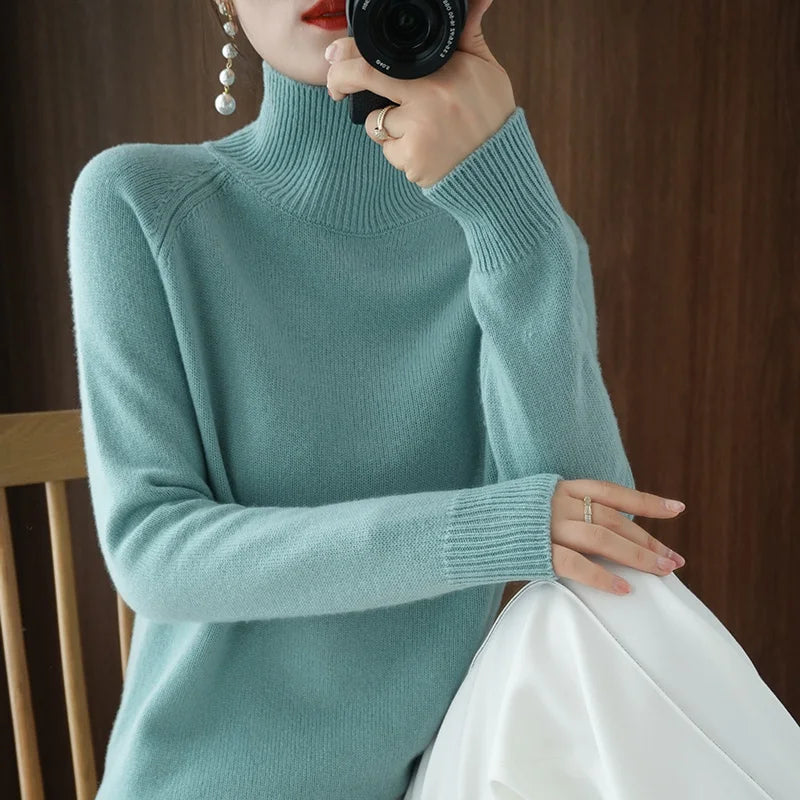 Turtleneck Merino Wool Pullover Basic Casual Cashmere Sweater Comfort Autumn Winter Women's Raglan Sleeve Clothing Tops