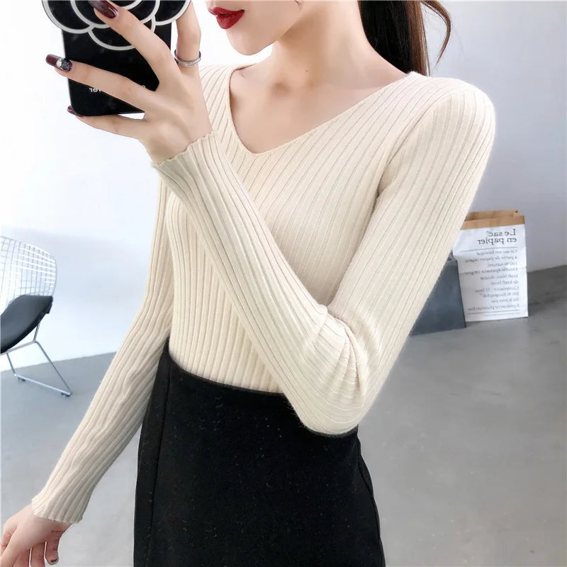 Autumn Winter Knitted V Neck Women Sweaters Casual Long Sleeve Pullover Soft Warm Sweater Femme Fashion Basic Solid Jersey Tops