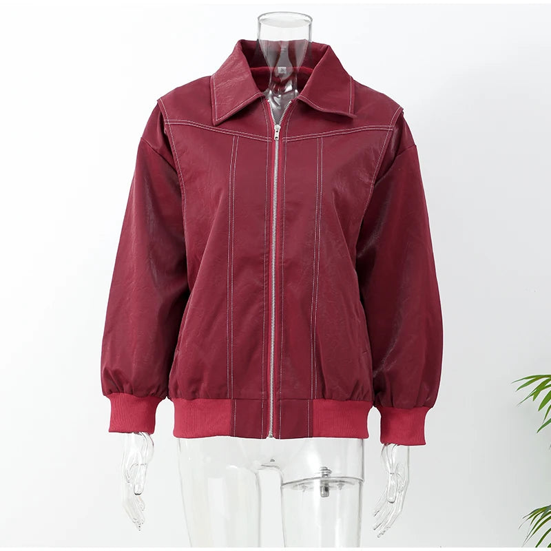 Fashion Patchwork Lapel Long Sleeve Coats Vintage Red Zipper Leather Jacket For Women 2024 Autumn Winter Female Casual Outerwear