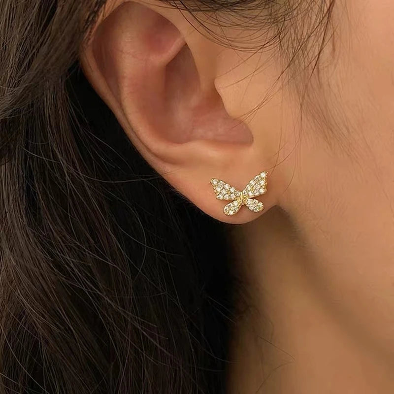 Korean Elegant Rhinestone Butterfly Stud Earrings For Women Girls Cute Fashion Metal Cuff Chain Tassel Boucle D'oreille Jewelry