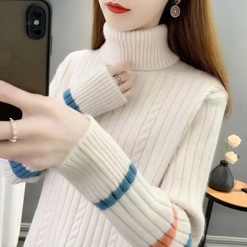 2023 Autumn Winter Women Turtleneck Sweater Soft Pullovers Loose Warm Elasticity Long Sleeved Knitted Sweater Jumper Female Tops