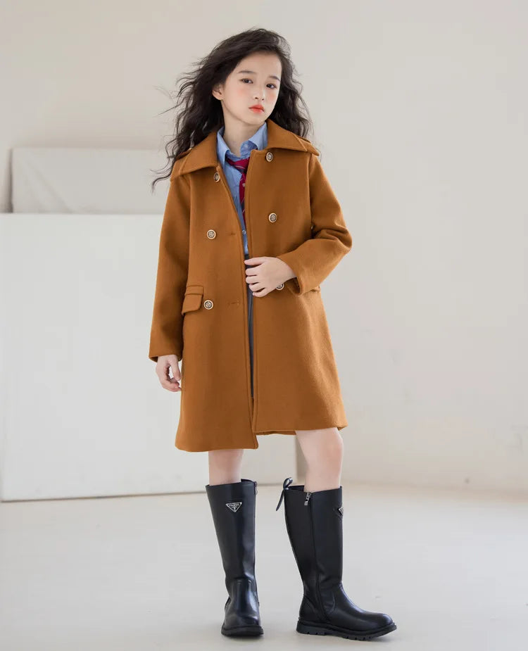 Winter Girls Wool Coat Long Double-faced Tweed Overcoat for Kids Fashion Casual Grey 10 12 14 Years Teenage Children Outerwear