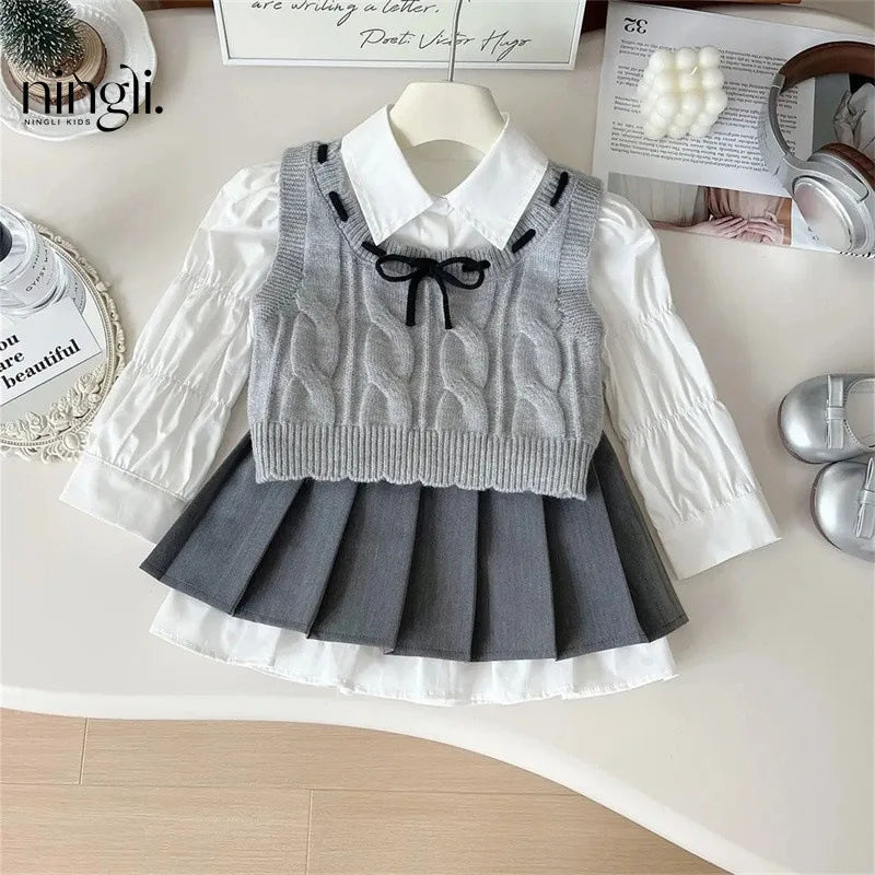 Spring Autumn Children Girl 3PCS Clothes Set Cotton White Ruched Shirts Knitted Bow Vest Pleated Skirts Suit Toddler Girl Outfit