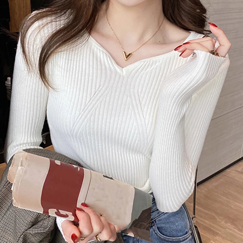 HELIAR Women V-Neck Slim Bottoming Sweater Long Sleeve Knit Warm Casual Pullovers Office Sweater For Women 2024 Autumn Winter