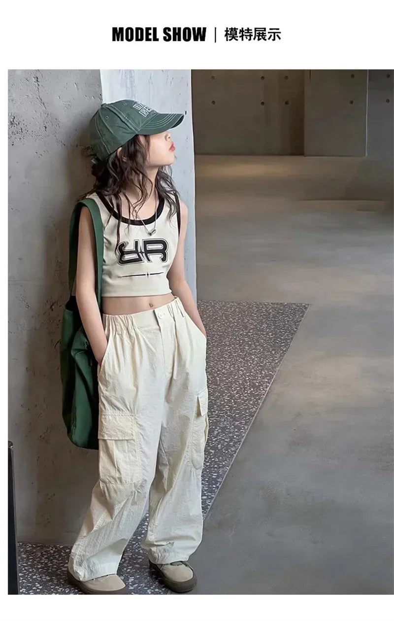 Teen Girls Cargo Pants Children Fashion Casual Pockets Design Loose Trousers Kids Sweatpants Streetwear Pants Trendy Cool  5-14Y