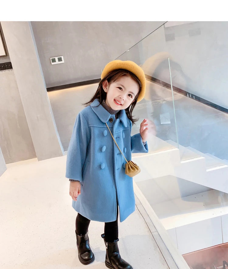 1-7 Years Girls Wool Coats New Fashion Korean Version Long Kids Jacket Spring Autumn Double Breasted Children Outerwear Clothing