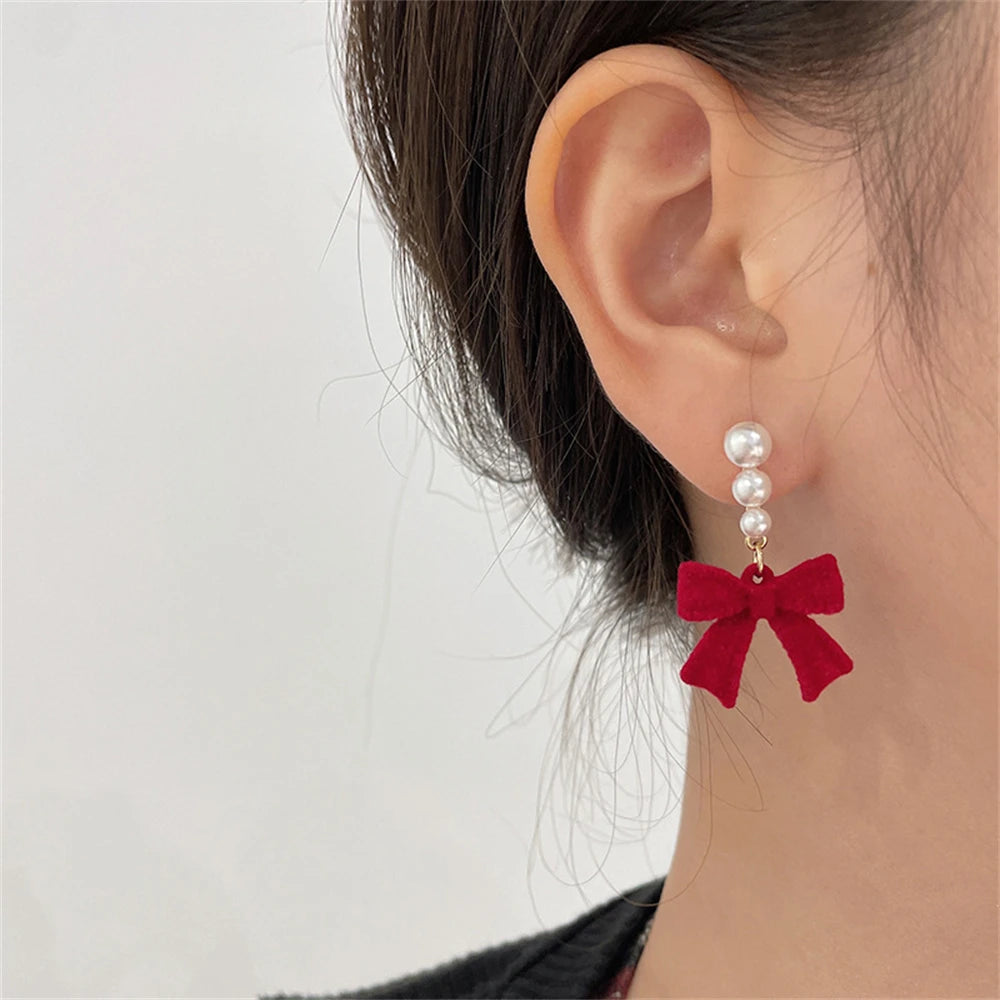 Red Black Bowtie Earrings for Women Girls Simulated Pearl Cloth Bow Tie Earrings Jewelry Ear Accessories Beautiful Gifts