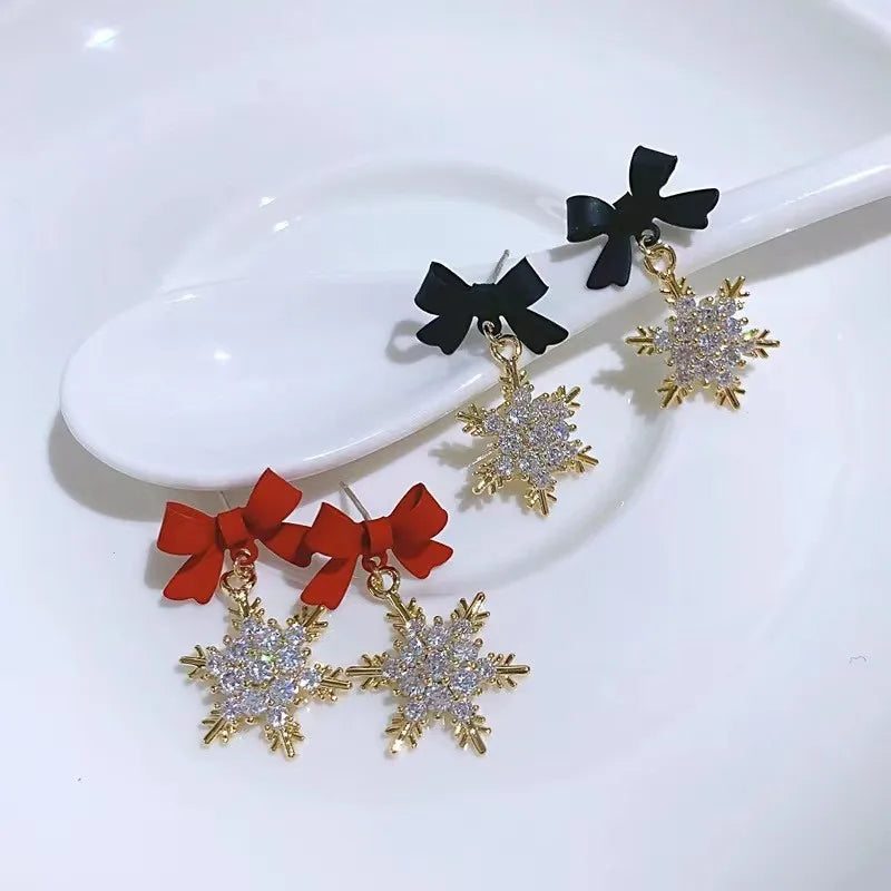 Cute Crystal Snowflake Drop Earrings for Women Party Sweet Jewelry Black Red Bow Knot Dangle Earrings Girls Sweet Accessories