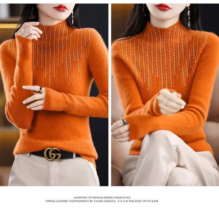 Hot Diamond Half High Neck Sweater Women's Pullover Autumn and Winter New Fit Versatile Warm Knitted Sweater Women