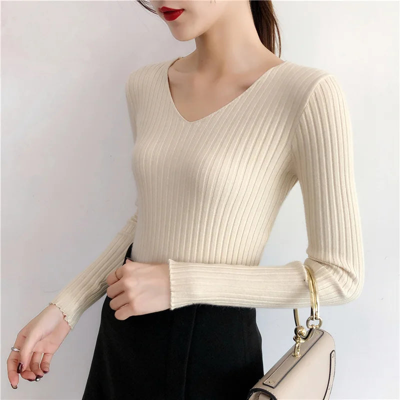 Autumn Winter Knitted V Neck Women Sweaters Casual Long Sleeve Pullover Soft Warm Sweater Femme Fashion Basic Solid Jersey Tops