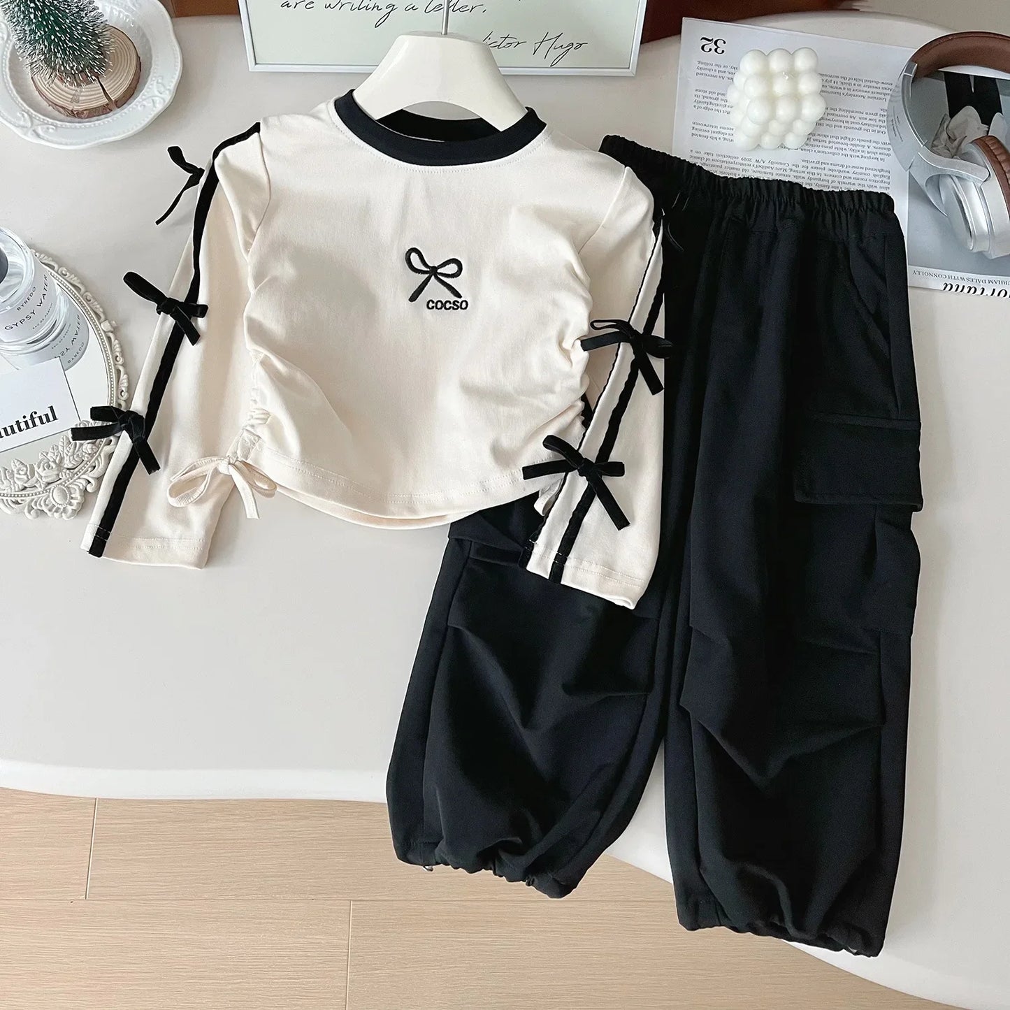 Autumn Girls Two-piece Set Printed Bow Waist Top+Solid Color Cargo Pants Toddler Girl Clothes  Kids  Kids Clothes Girls