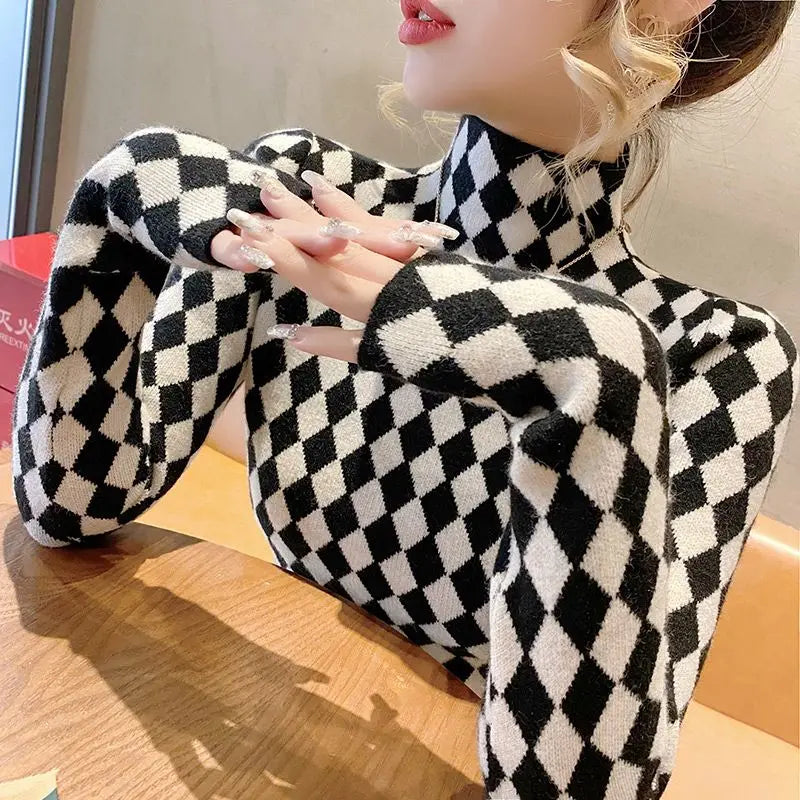 Women Clothing Fashion Elegant Mock Neck Long Sleeve Pullovers Spring Autumn Chic Slim Plaid All-match Tops Office Lady Sweaters