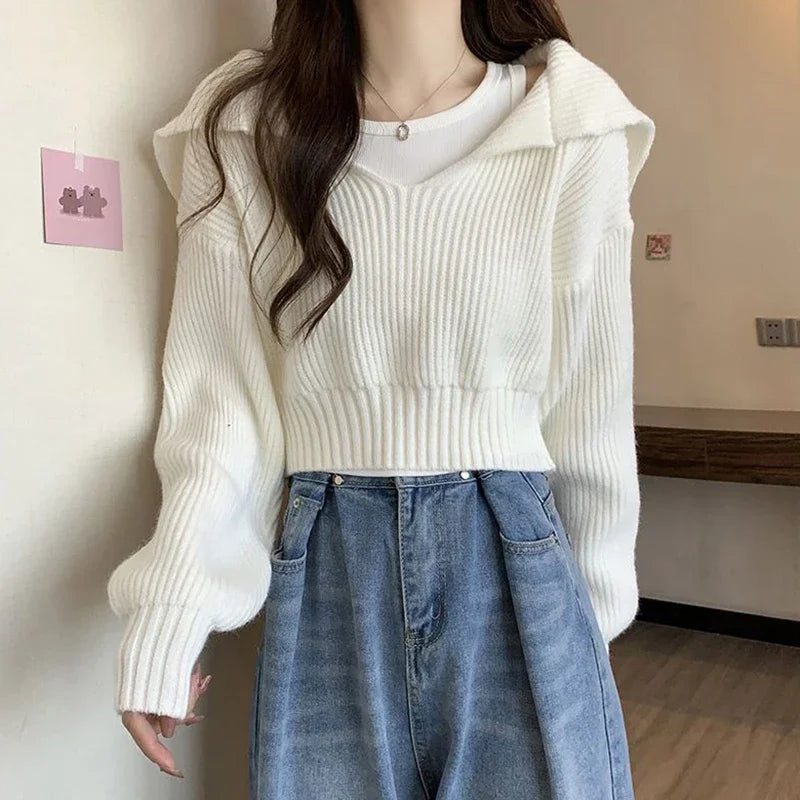 Long Sleeve Cropped Sweater Women Autumn Winter Turn Down Collar Knitted Jumper Woman Korean Style Solid Color Jerseys