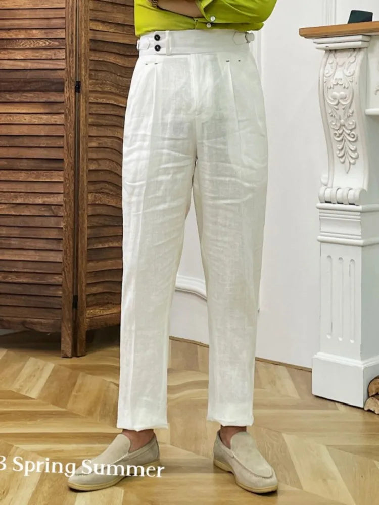 Linen Straight Leg Pant Naples High Waist Suits Retro Casual Pant British High Waist Pants Office-trouser Men Dress Pant Trouser