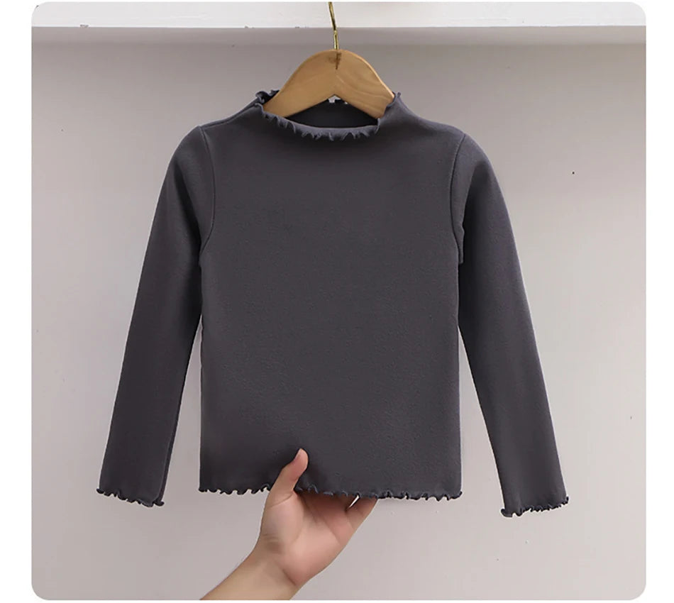 Children Clothing New Girls Base Shirt For Autumn and Winter Children Trendy Black Fungus Edge Solid Color Long Sleeved T-shirt