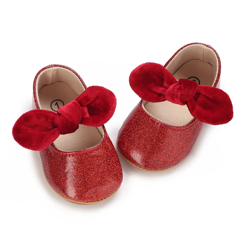 Spring and Autumn Girl Baby Shoes Classic Fashion Red Theme Cute Bow Princess Shoes Rubber Sole Anti slip Comfortable Walking Sh