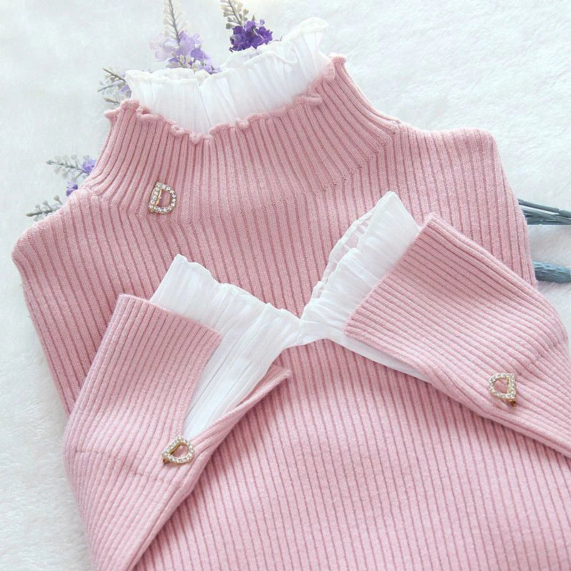 Y2k Turtleneck Women Sweaters Korean Lace Patchwork Female Warm Pullovers Autumn Elegant Chic Flare Sleeve Ladies Casual Tops