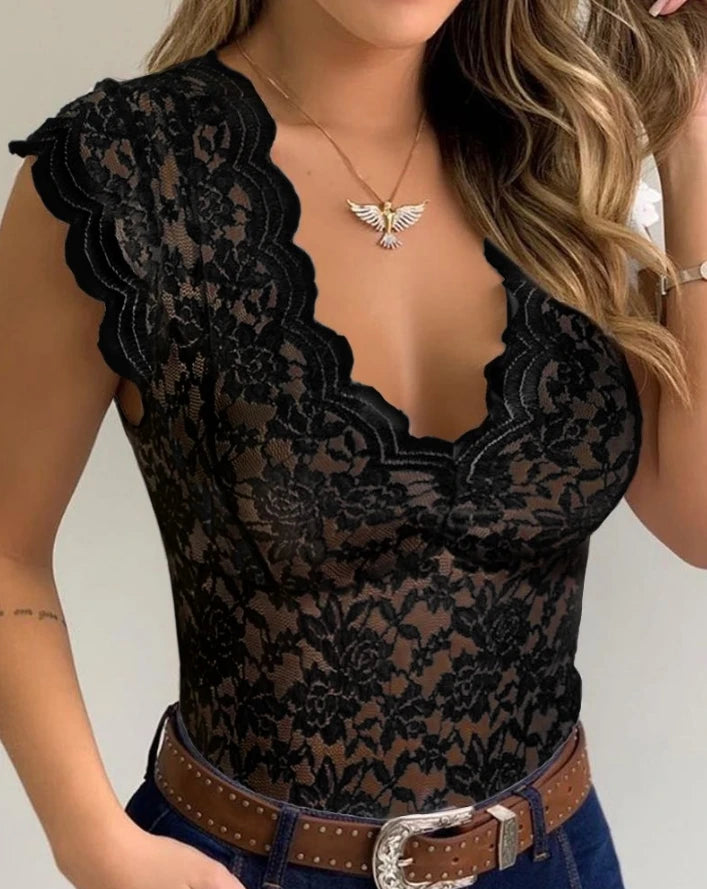 Bodysuit Women 2024 Summer Fashion Crochet Lace Sexy V Neck Cap Sleeve Skinny Daily Semi-Sheer Bodysuit