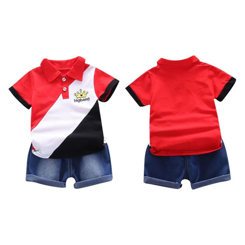 Boys Summer Shorts Set Lapel Patchwork Crown Short Sleeve Denim Shorts Two-Piece Set 0-6 Years Old Boys Children's Sets