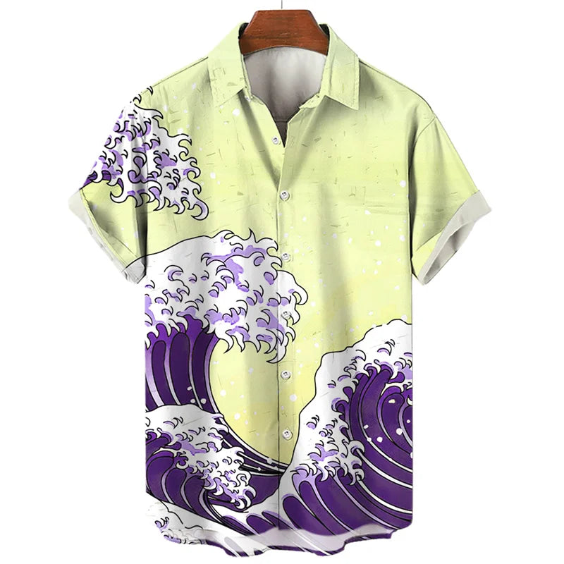 Japanese Sea Ocean Wave Graphic Shirt Men Kids 3D Print Vintage  Hawaiian Beach Shirts Short Sleeve Women Lapel Tops Clothing