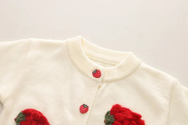 Autumn Winter Toddler Girl 2PCS Clothes Set 3D Strawberry Knitted Sweater Cardigan Suit Solid Pleated Skirts Little Girl Outfits