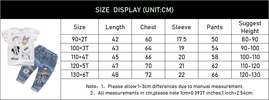 2024 Summer Baby Girls Clothing Set Cartoon Minnie Mouse T-shirt Jeans Pants 2Pcs For 2-6 Years Kids Clothes Child Tracksuit