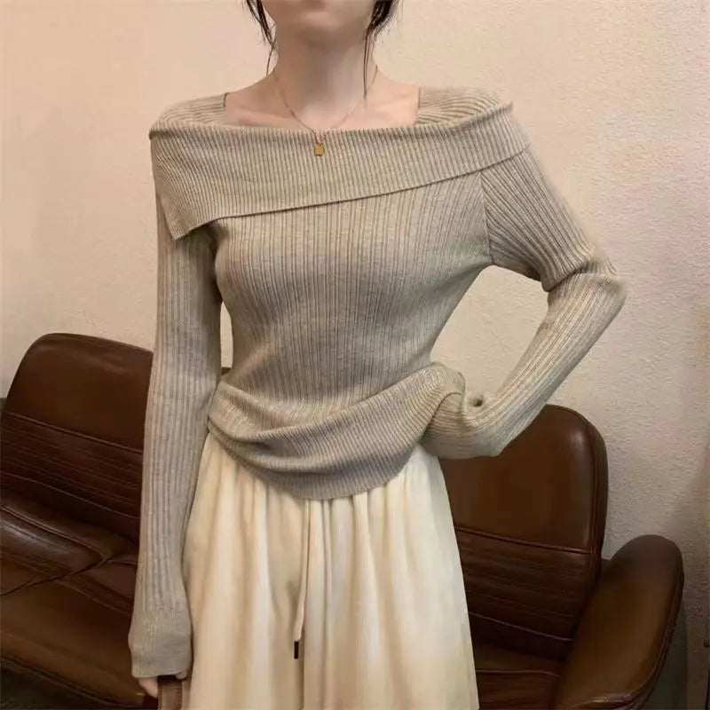 Women Slim Off Shoulder Knit Sweater Slash Neck Long Sleeve Knitwear Jumpers Office Sweater For Women 2023 Autumn Winter