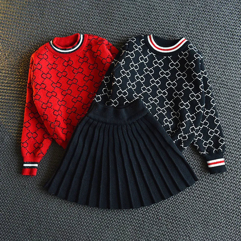 2023 Girls Winter Clothes Set Long Sleeve Sweater Shirt and Skirt 2 Pcs Clothing Suit Spring Outfits for Kids Girl's Clothes