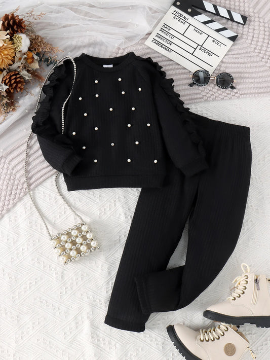 2PCS New Autumn Style For 4-7 Year Old Girls. Comfortable Trendy And Fashionable Black Beaded Top + Pantsuit