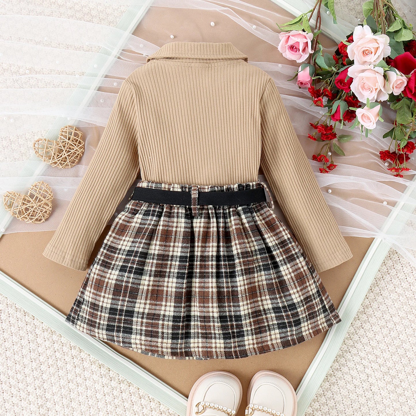 3PCS Autumn New Style 1-5 Year Old Middle And Middle School Girls Fashion College Style Solid Color Pit Top + Plaid Skirt Set