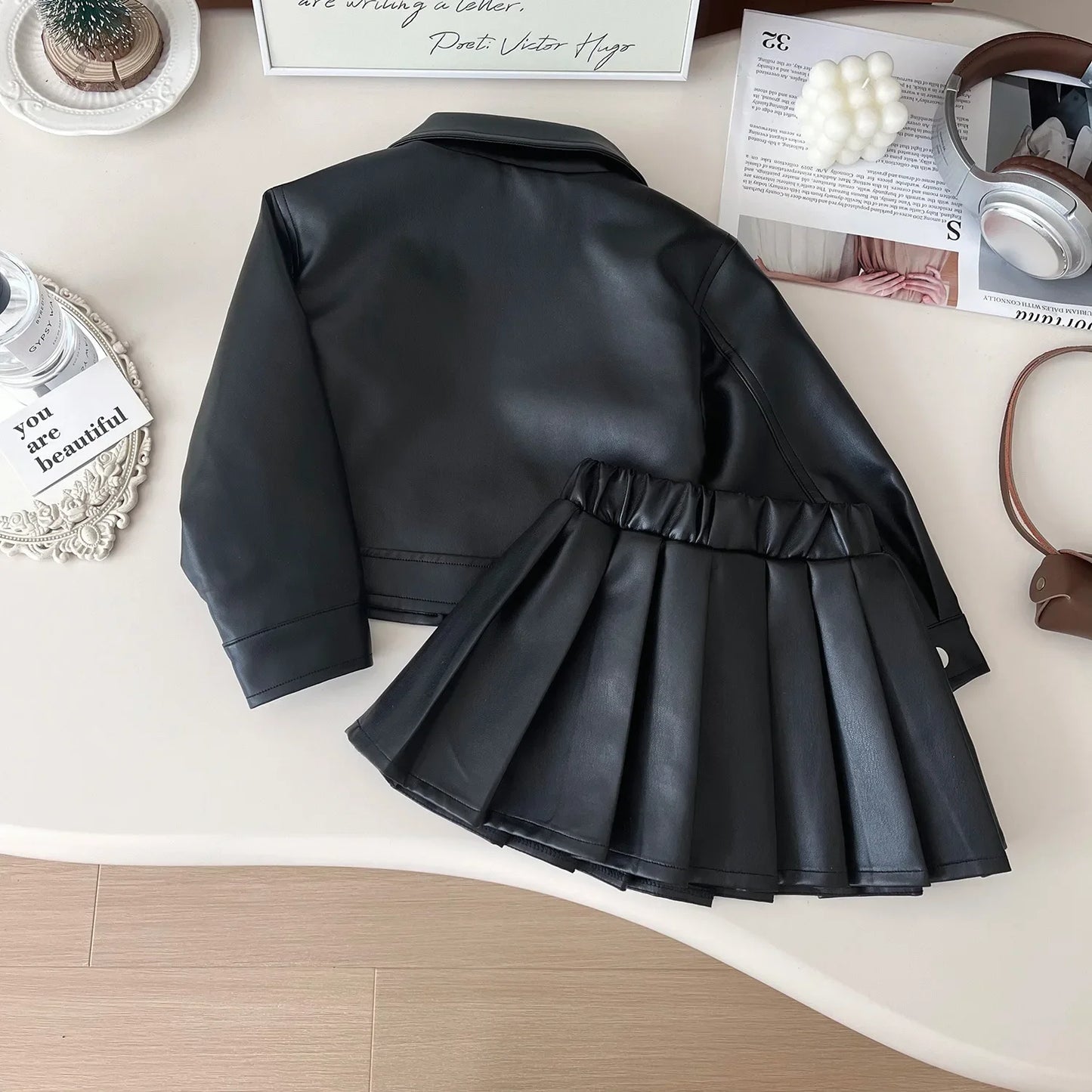 Two-piece Set for Girls Handsome Lapel Solid Leather Top + Solid Leather Pleated Skirt  Kids Clothes Girls  Toddler Girl Clothes