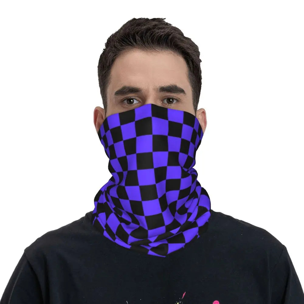 Colorful Geometric Checkered Black And Sky Blue Bandana Neck Cover Printed Racing Moto Motorcycle Wrap Scarf Warm Cycling Scarf