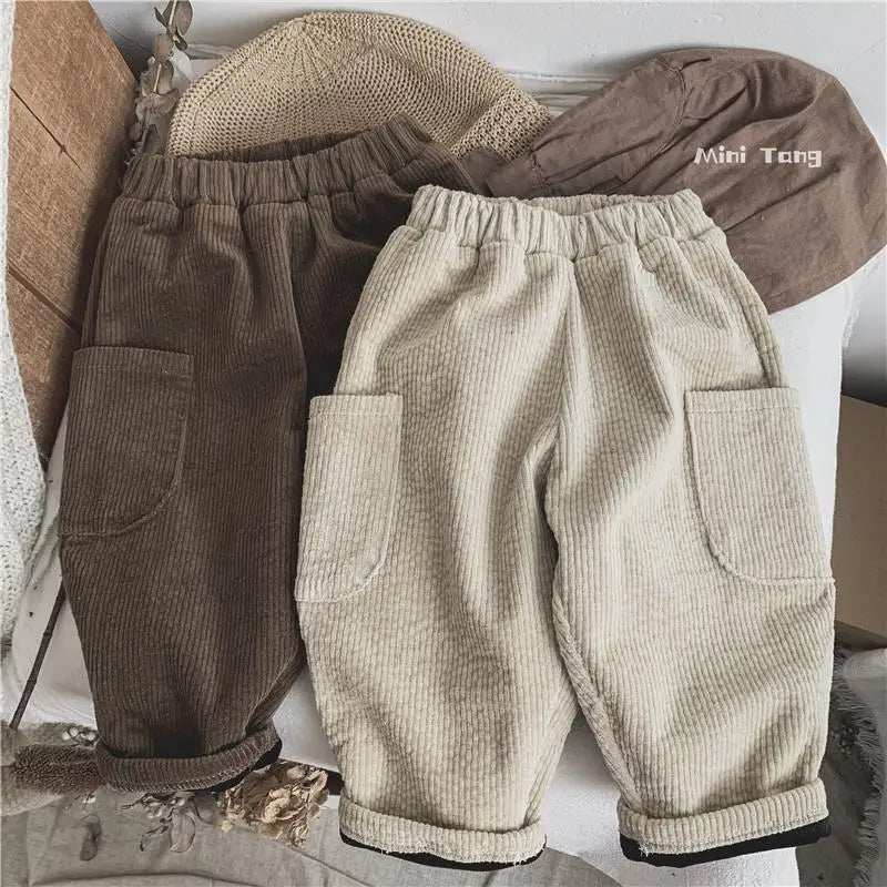 Winter Plush Warm Kids Pants 2024 Korea Style Children's Clothing Corduroy Plush Thick Warm Casual Pants for Boys Girls