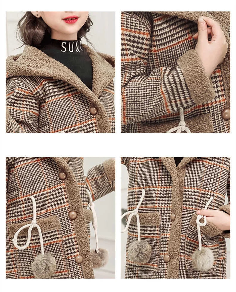 2024 Fashion Design Autumn Winter parka Girl Hairy clothes Long Woolen Coat for Kids Outerwear Grid pattern Padded Warm clothing