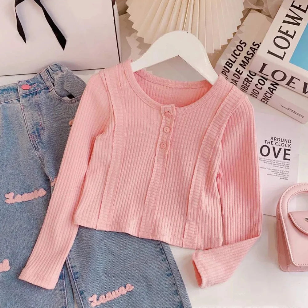 2024 Spring Autumn Girls Clothing Set Solid Color Long Sleeve Top+Letter Print Wide Leg Jeans 2Pcs For 4-12Y Kids Fashion Outfit