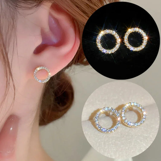 Korean Fashion Versatile Dazzling Circle Stud Earrings with Crystal Cubic Zirconia Minimalist Earrings for Teens Women's Jewelry