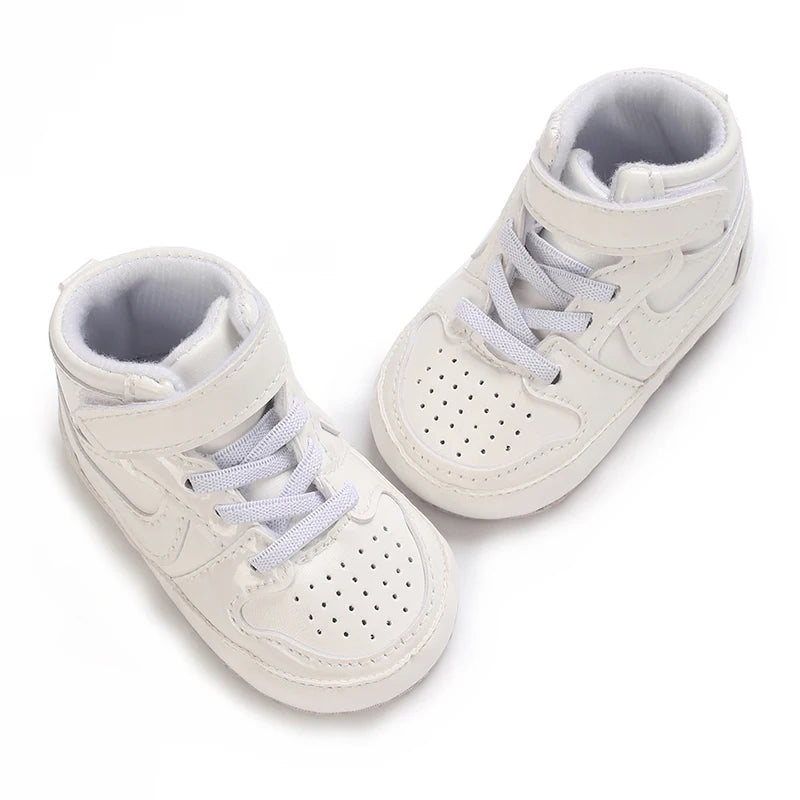 Spring and Autumn Baby Shoes Fashion Classic White PU High Top Sports Shoes Soft Sole Comfortable Casual Walking Shoes