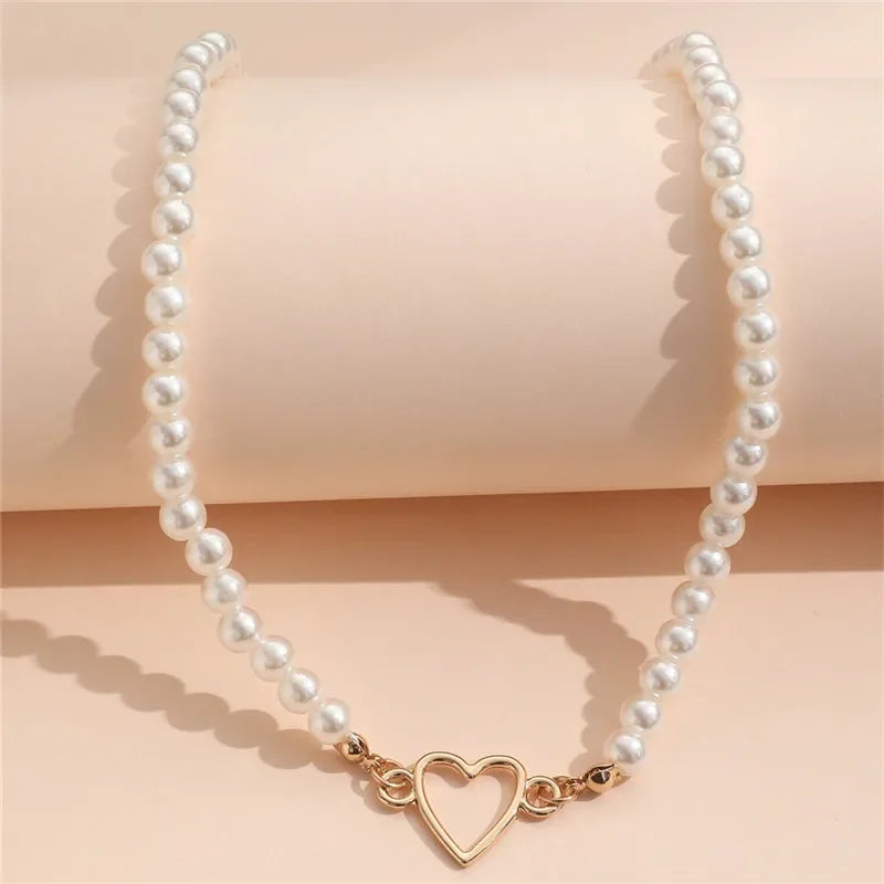 Trendy Love Heart Pearl Choker Necklace Female Personality Party Fashion Clavicle Collier Accessories Collar Gift Women Earrings