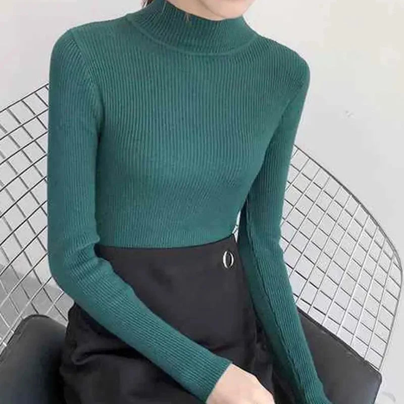 Mock Neck Women Sweater Vintage Basic Solid Knitted Tops Casual Slim Pullover Autumn Winter Korean Tops Simple Chic Jumpers