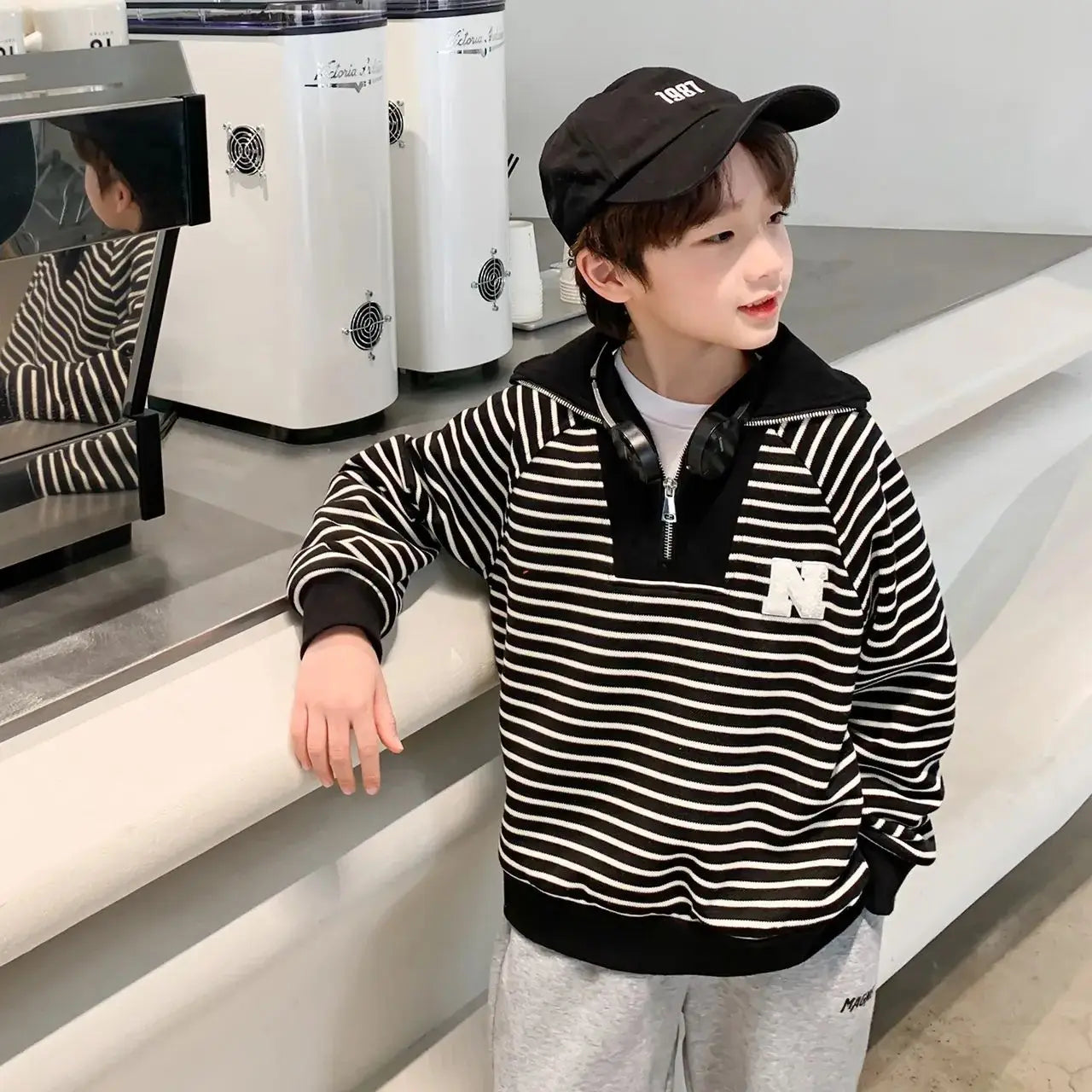 Spring Autumn School Kids Cotton Striped Half Zip Lapel Sweatshirt Boys Pullover Jumper Children Outfits Tracksuit Tops 3-14 Yrs