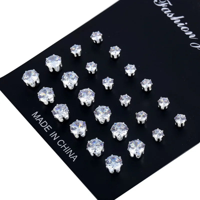 12 Pair/Lot White Shiny Wedding Stud Earrings Set for Women Men Cubic zircon Jewelry Accessories Minimalist Earring Jewelry Gift