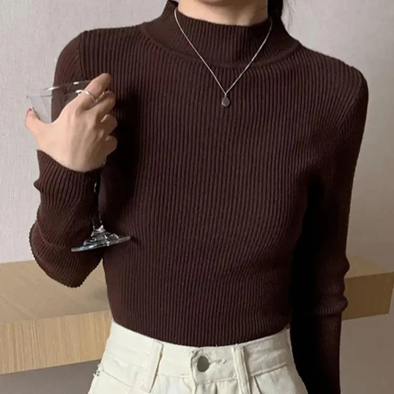 Mock Neck Women Sweater Vintage Basic Solid Knitted Tops Casual Slim Pullover Autumn Winter Korean Tops Simple Chic Jumpers