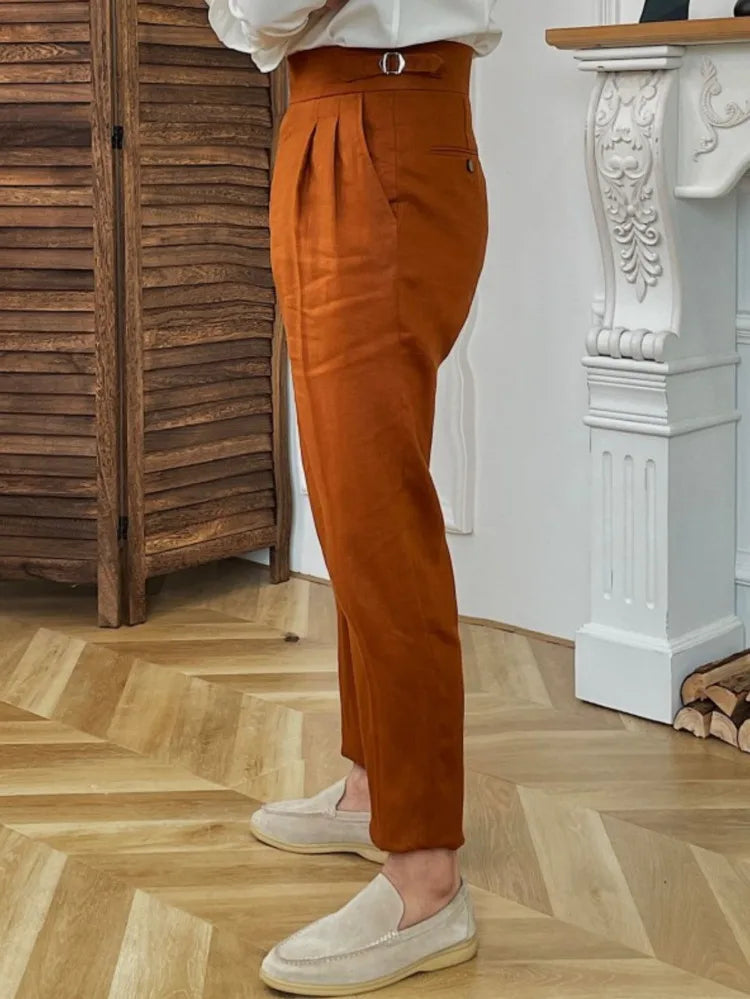 Linen Straight Leg Pant Naples High Waist Suits Retro Casual Pant British High Waist Pants Office-trouser Men Dress Pant Trouser