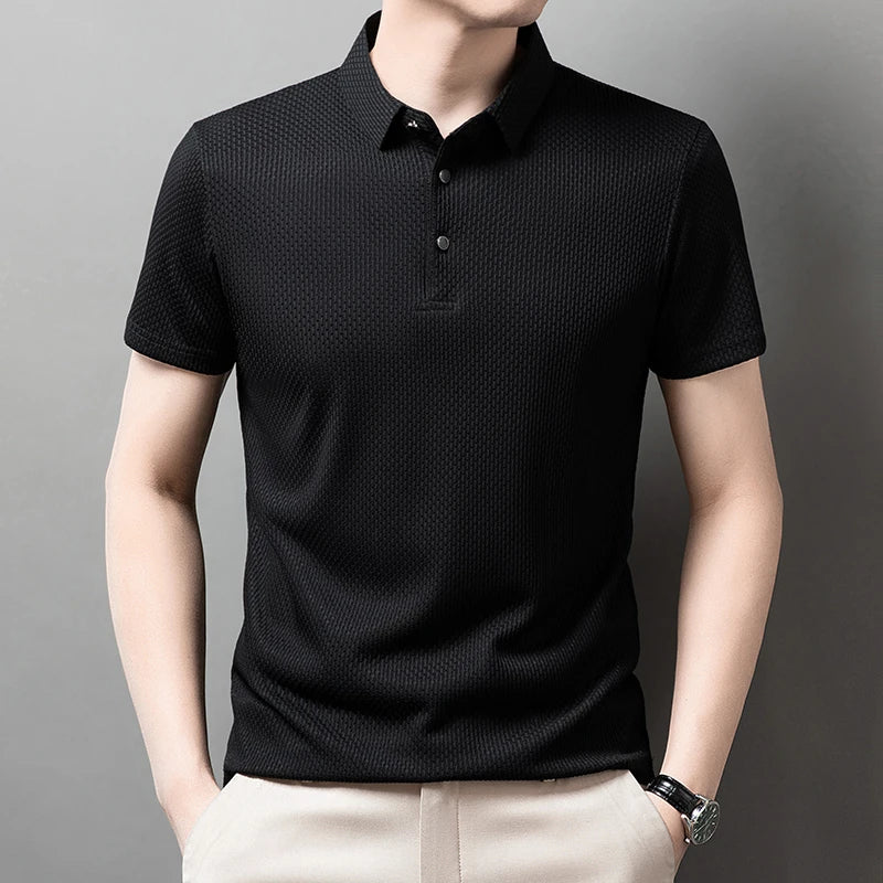 New Men's Checkered Short Sleeved Solid Color POLO Shirt Breathable and Comfortable Elastic Top