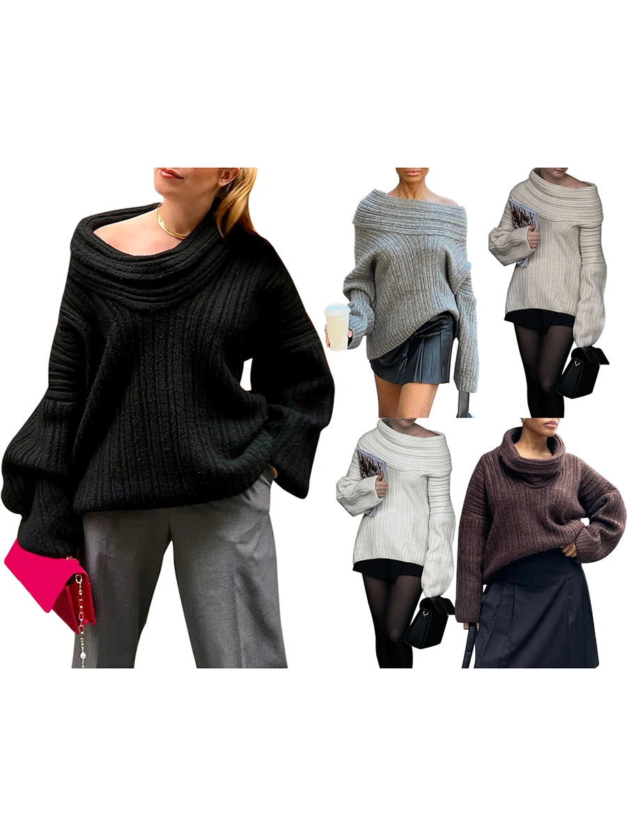 Women y2k Grey Off Shoulder Loose Knit Sweater Solid Long Sleeve Boat Neck Ribbed Pullover Fall Winter Casual Jumpers Streetwear