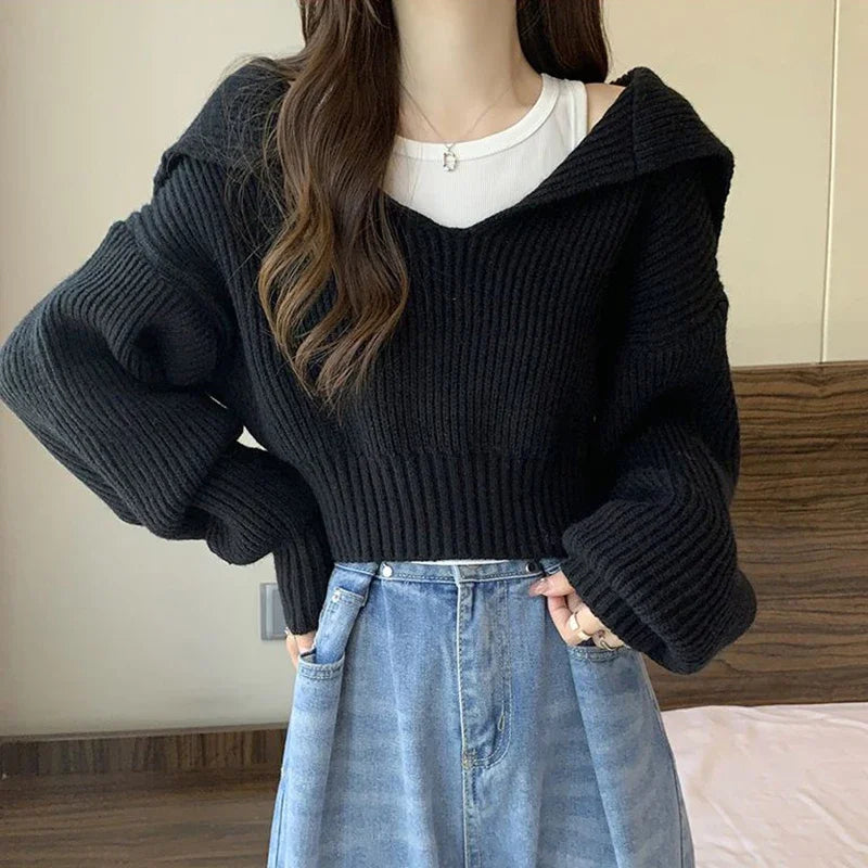 Long Sleeve Cropped Sweater Women Autumn Winter Turn Down Collar Knitted Jumper Woman Korean Style Solid Color Jerseys