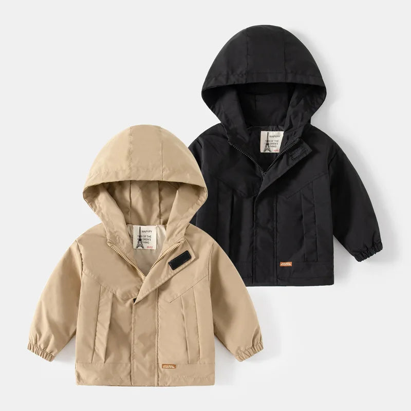 Autumn Little Boy Windbreaker Jacket Solid Long Sleeve Zipper Toddler Boy Hoodie Drawstring Hem Casual Infant Boy Outerwear Coat