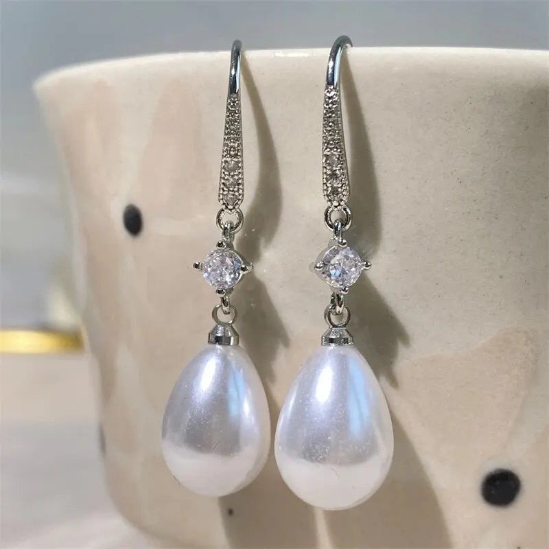 Fashion Water Drop Pearl Zircon Dangle Earrings for Women Bridesmaid Wedding Jewelry