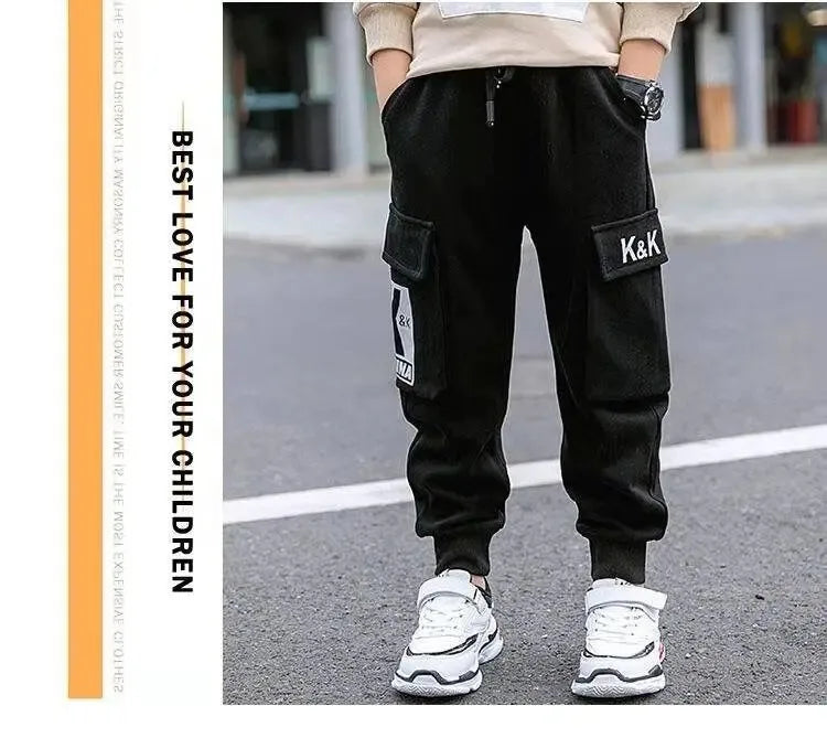 2024 Autumn Boys Pants Letter Print Cotton Sweatpants Casual Korean Cargo Pants Fashion Teenage Kids Sport Multi-pocket Pants