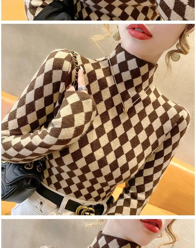 Women Clothing Fashion Elegant Mock Neck Long Sleeve Pullovers Spring Autumn Chic Slim Plaid All-match Tops Office Lady Sweaters